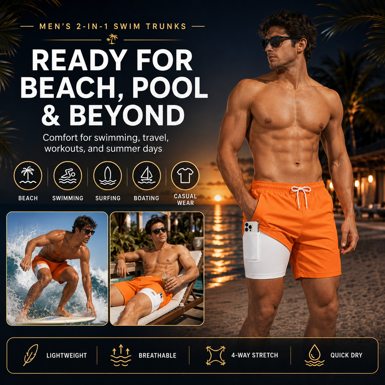 2-in-1 Quick-Dry Swim Trunks
